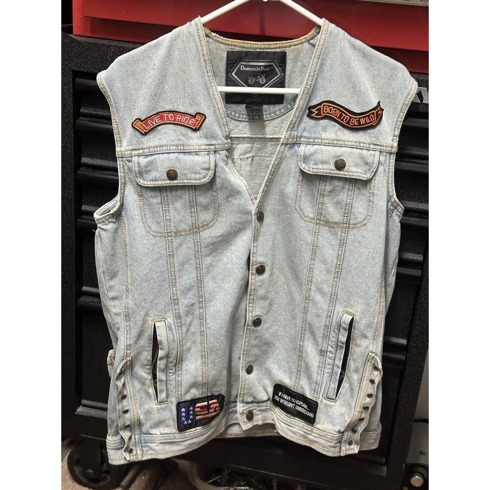VTG Diamond Plate Sz M Denim Biker Vest Eagle Patches Live to Ride Harley USA